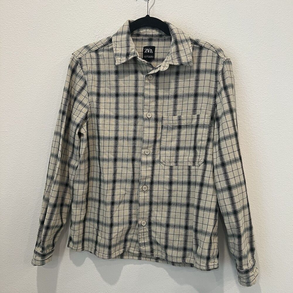 Zara Overshirt Mens Small Cream Brown Textured Plaid Relaxed Fit Shirt